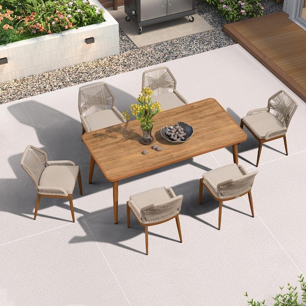 PURPLE LEAF 7-Piece Aluminum Outdoor Dining Set Teak Patio Furniture Set Wicker Table and Chairs with Cushions