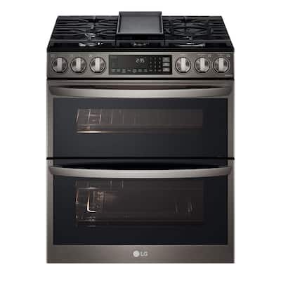 30 in. W 6.9 cu. ft. Smart Slide-In Double Oven Gas Range with ProBake and InstaView in Printproof Black Stainless Steel
