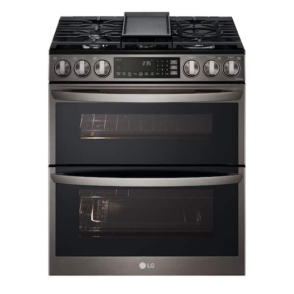 LG 30 in. W 6.9 cu. ft. Smart Slide-In Double Oven Gas Range with ProBake and InstaView in Printproof Black Stainless Steel