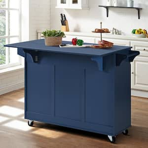 Navy Blue Wood 53.2 in. Kitchen Island on 5 Wheels with Drop Leaf, Spice Rack, Adjustable Shelves and 2 Drawers