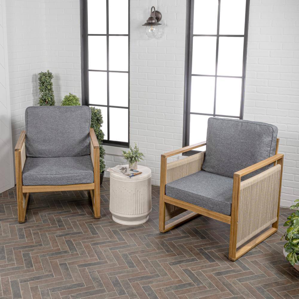 Teak Brown Mid-Century Modern Roped Wood Patio Chairs with Cushions