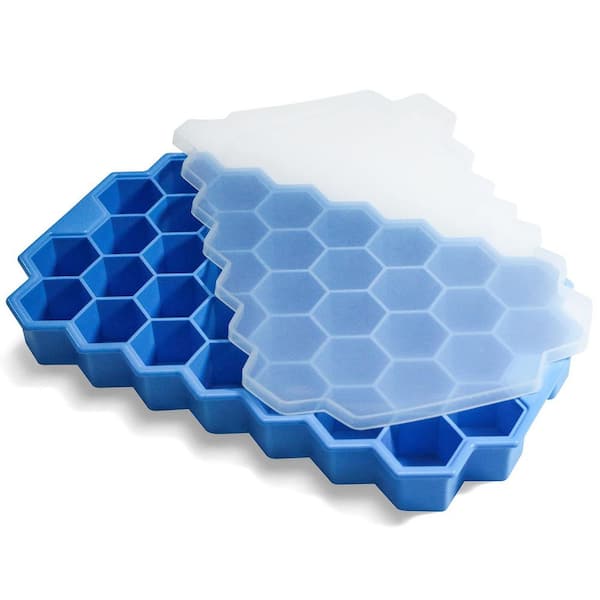 Blue Square Ice Mold Silicone Ice Cube Tray with Lid Easy-Release 37 Grid Kitchen Freezer Organizer Bin