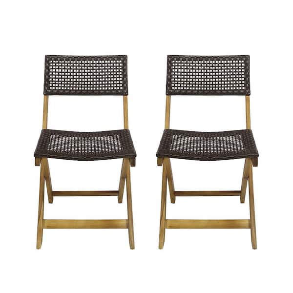 Noble House Hillside Teak Brown Foldable Wood and Faux Rattan Outdoor Patio Dining Chairs