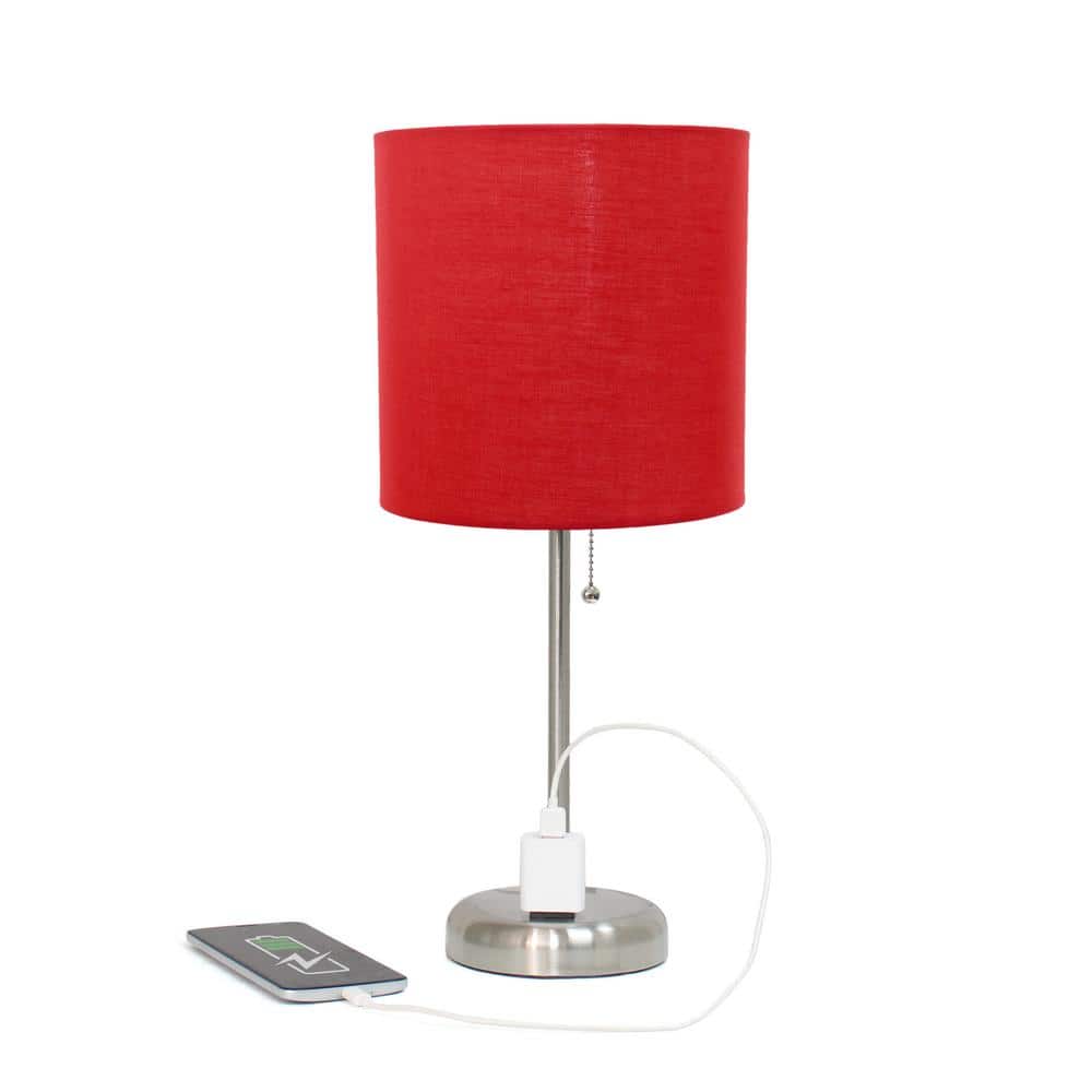 Brushed Steel Stick Table Lamp with Red Drum Shade and USB Port