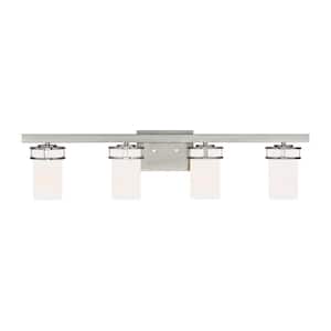 Robie 34 in. 4-Light Brushed Nickel Transitional Rustic Wall Bathroom Vanity Light with Etched White Glass Shades
