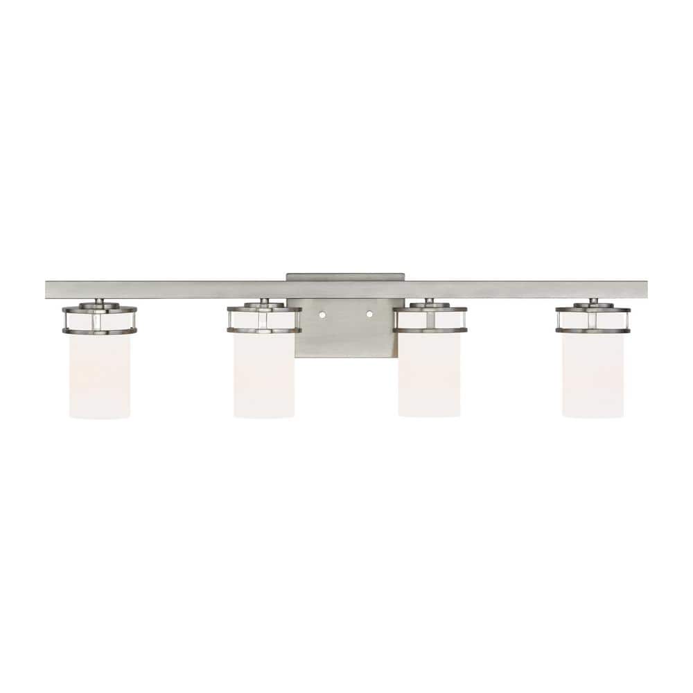 Robie 34 in. 4-Light Brushed Nickel Transitional Rustic Wall Bathroom Vanity Light with White Glass Shades and LED Bulbs price history on PriceWatchPro