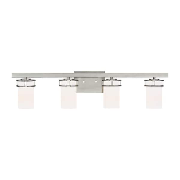 Generation Lighting Robie 34 in. 4-Light Brushed Nickel Transitional Rustic Wall Bathroom Vanity Light with White Glass Shades and LED Bulbs