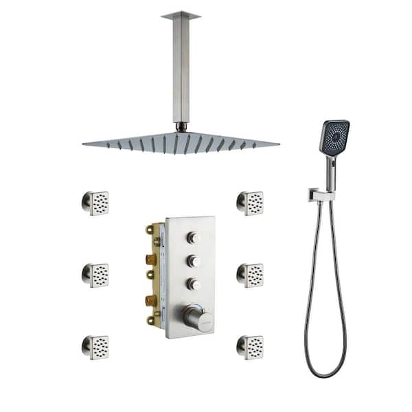 3-Spray 1.8 GPM 12 in. Ceiling Mount Dual Square Handheld Shower Set in Brushed Nickel