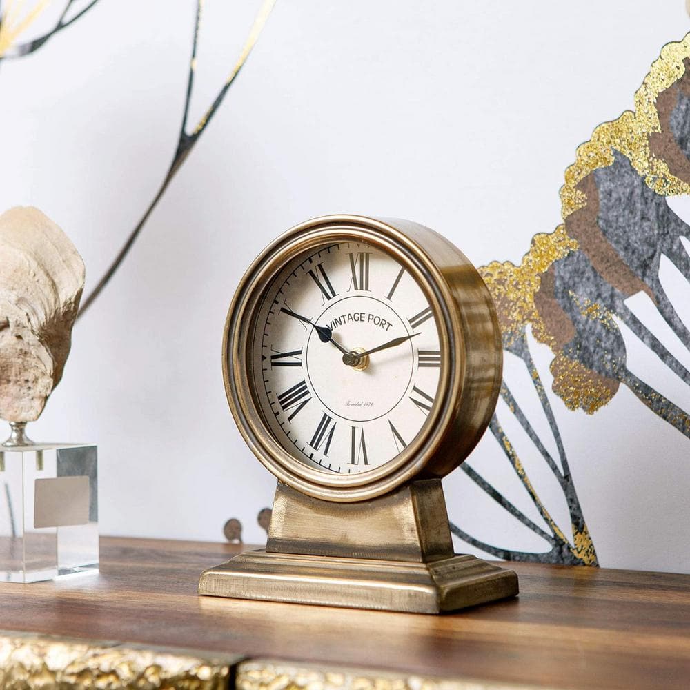Vintage Gold Metal Tabletop Mantel Clock with Roman Numerals