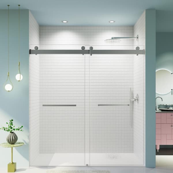 68 72 in. x 76 in. Frameless Double Sliding Soft Close Shower Door, 3/8 in Thick SGCC Tempered Glass Door, Chrome