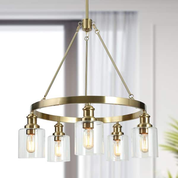 Zevni 5-Light Modern Brass Gold Chandelier, Wagon Wheel Transitional Hanging Pendant with Clear Cylinder Glass Shade