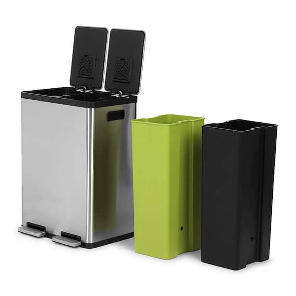 16 Gallon Rectangular Hands-Free Dual Compartment Recycling Kitchen Step Trash Can with Soft-Close Lid, Stainless Steel