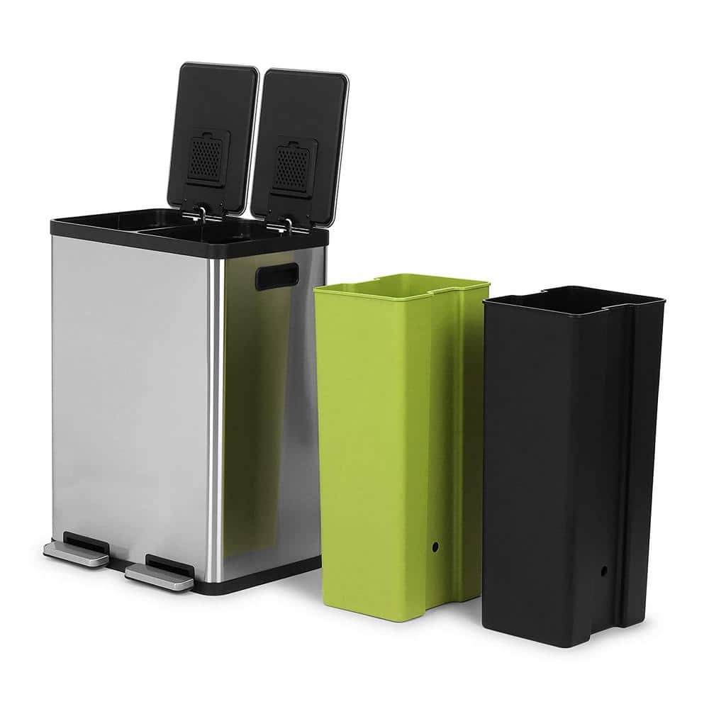 THE CLEAN STORE 16 Gallon Rectangular Hands-Free Dual Compartment Recycling Kitchen Step Trash Can with Soft-Close Lid, Stainless Steel HD- 79513