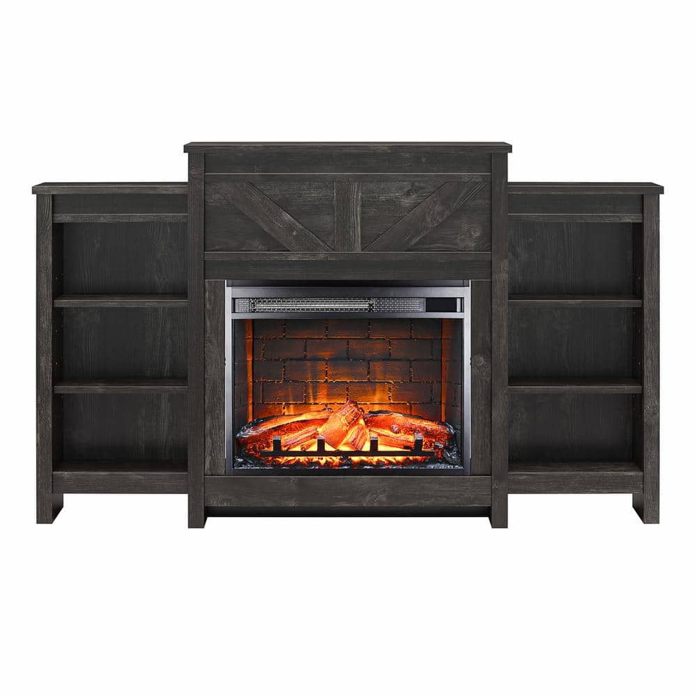 Brown wood 59 in. x 36 in. Electric Fireplace with Mantel and Side Bookcase