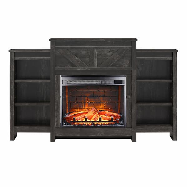 Ameriwood Home Brown wood 59 in. x 36 in. Electric Fireplace with Mantel and Side Bookcases, Black Oak