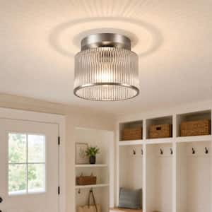 8.1 in. Modern 1-Light Drum Brushed Nickel Semi-Flush Mount Ceiling Light with Ribbed Glass Shade E26 for Bedroom