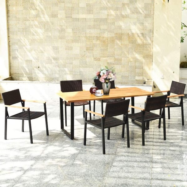 7-Piece Wicker Outdoor Dining Set with Large Rectangle Acacia Wood Table Top and 2.16 in. Umbrella Hole