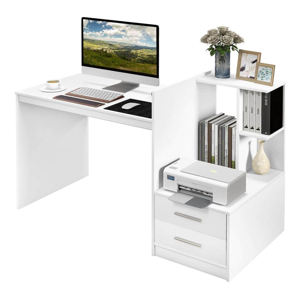 COSTWAY White Computer Desk with Storage Shelf, Wooden Writing Desk with  Hutch, Office Desk with CPU Stand & Keyboard Tray, Home PC Desk with  Bookshelf, for Bedroom, Study, Living Room 