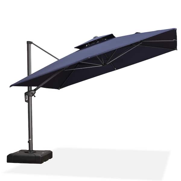 PURPLE LEAF 11 ft. Square 2-Tier Aluminum Cantilever 360° Rotation Patio Umbrella with Base in Ground, Navy Blue