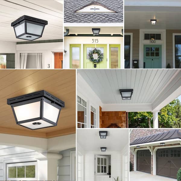 C Cattleya 2-Light Matte Black Motion Sensing Outdoor Flush Mount