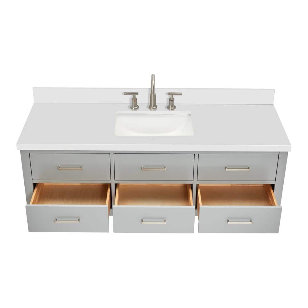 Hutton 61" Gray Wood Floating Vanity with White Quartz Top