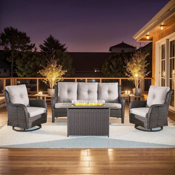 4-Piece Brown Wicker Fire Pit Conversation Set with Olefin Beige Cushions and 2 Swivel Glider Chairs and Couch