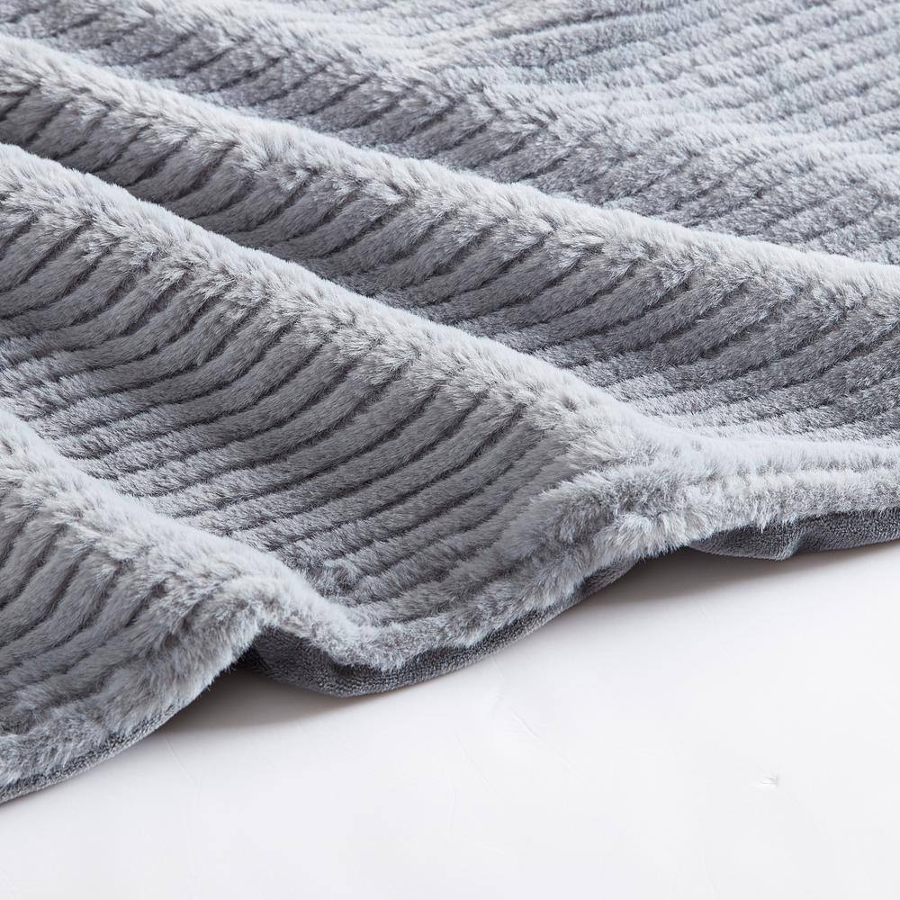 Gray Ribbed Reversible Fleece Sherpa Throw Blanket