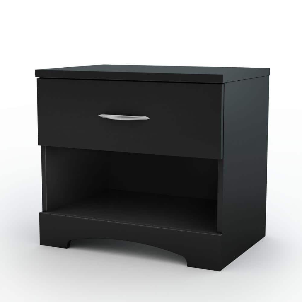 Black Composite Wood 1-Drawer Nightstand with Open Shelf