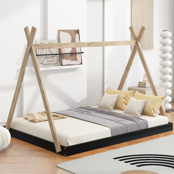 Qualler Natural Wood Frame Full Size Platform Bed with Tent Structure