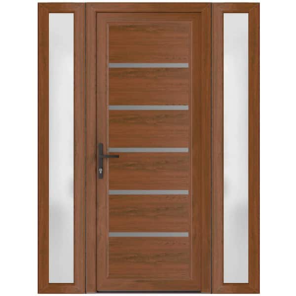64 in. x 80 in. Right-hand/Inswing Frosted Glass Walnut Steel Prehung Front Door with Hardware