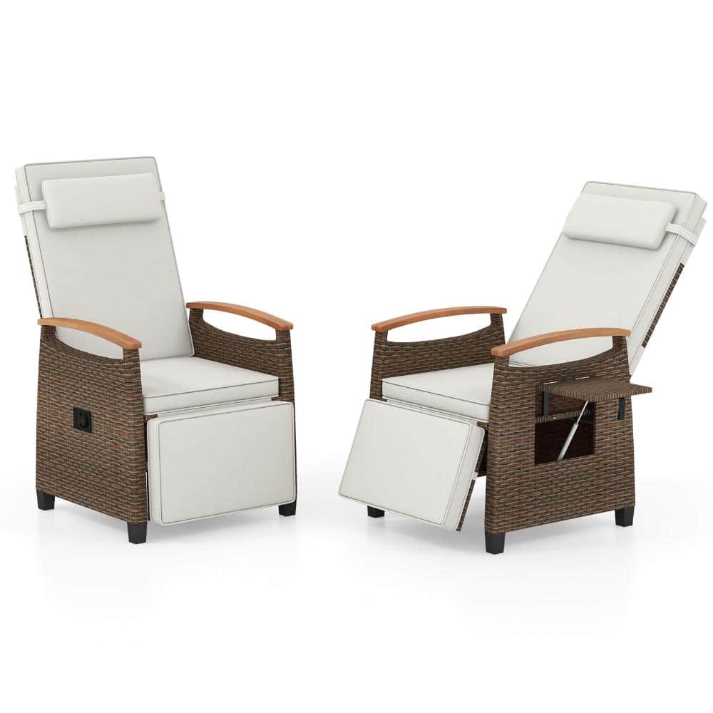 31-56 in. PE Rattan and Acacia Wood Patio Recliner Chair with Footrest and Cushion, White