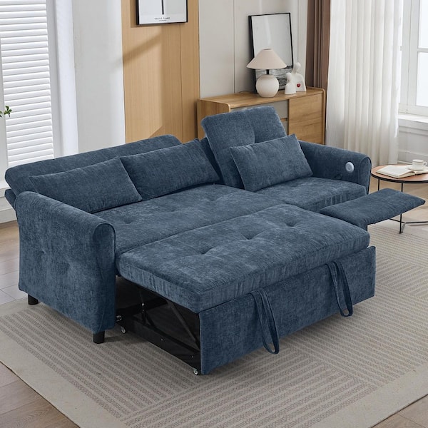 Blue 2-in-1 82 in. Rectangle Convertible Chenille Queen Size Sofa Bed with Reversible Recliner, Dual USB Charging