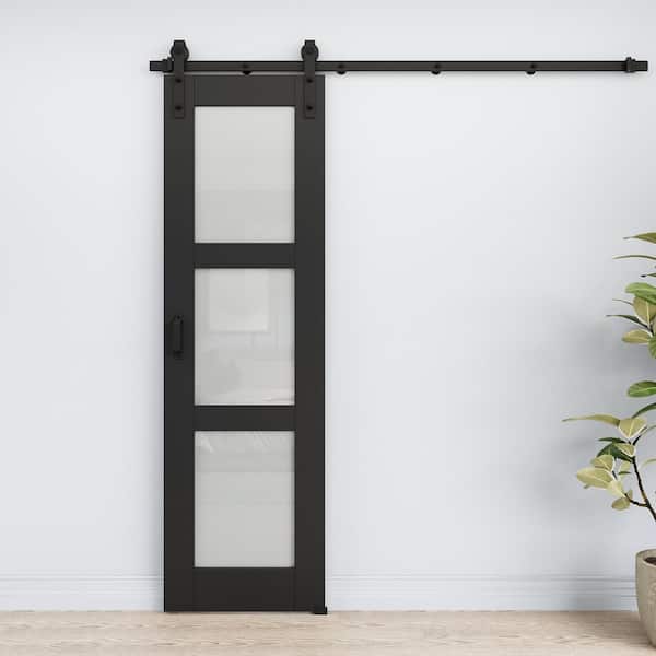 24 in. x 80 in. 3-Lite Frosted Glass Black Finished MDF No Assembly Required Sliding Barn Door with Hardware Kit