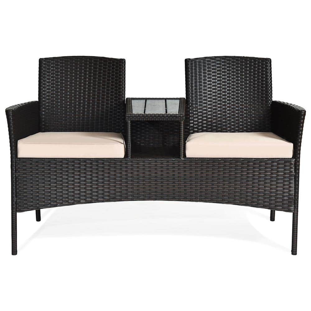 HONEY JOY Black Wicker Patio Conversation Set Outdoor Rattan Loveseat