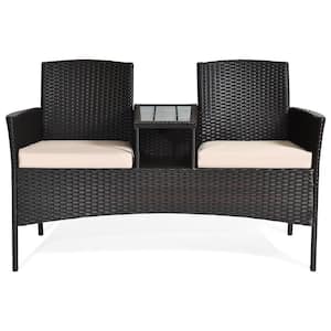 Black Wicker Patio Conversation Set Outdoor Rattan Loveseat with Beige Cushions and Coffee Table
