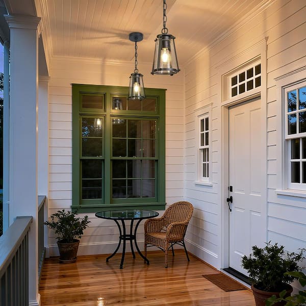 Black Farmhouse Craftsman Outdoor Mini Pendant Light With Bell-Seeded Glass Shade, 9.7 in. 1-Light Patio Porch Lantern