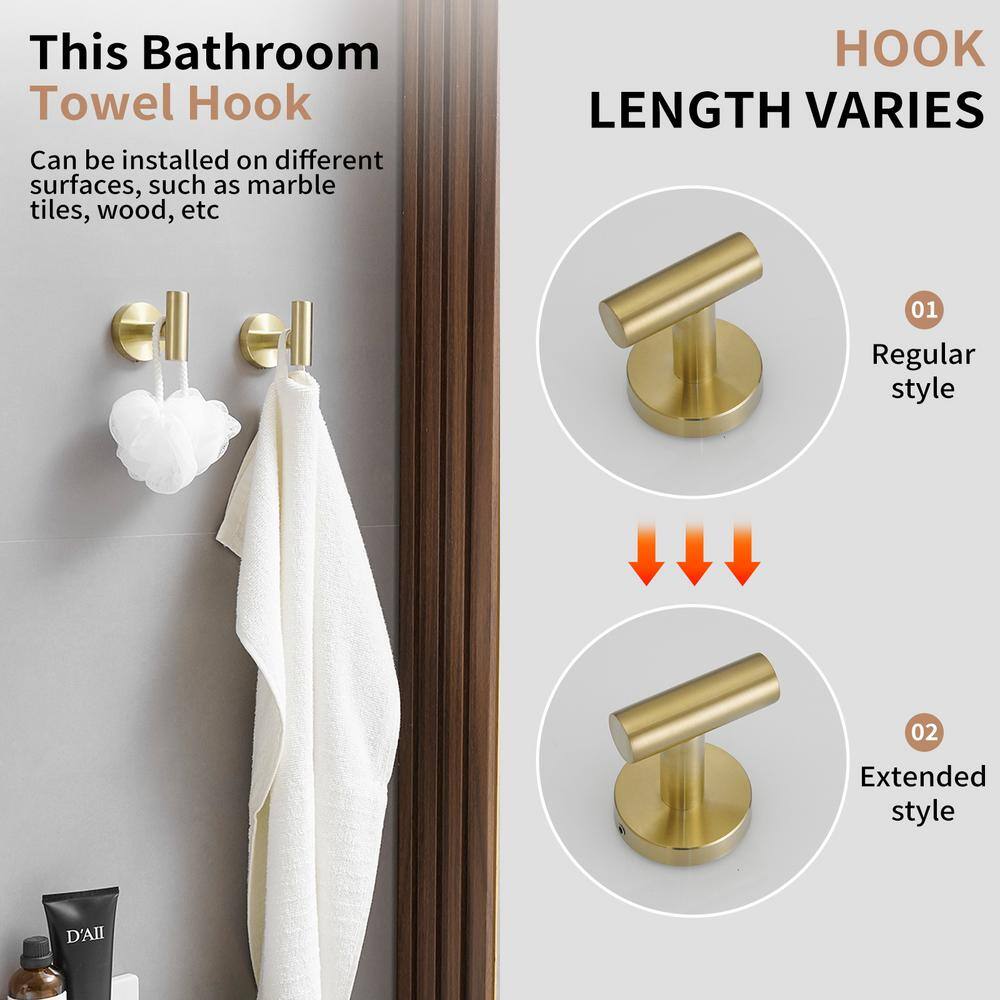 Brushed Gold Stainless Steel J-Hook Wall Mounted Towel Hooks, 4-Pack