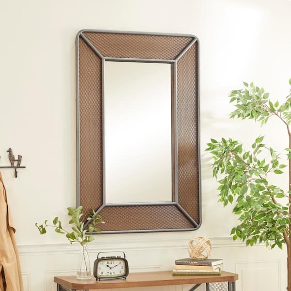 47 in. x 31 in. Rectangle Framed Brown Wall Mirror with Netting Frame