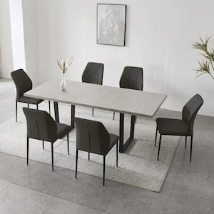 7-Piece Set of 6 Black Chairs and Retractable Dining Table, Dining Table Set, Dining Room Set with 6 Modern Chairs