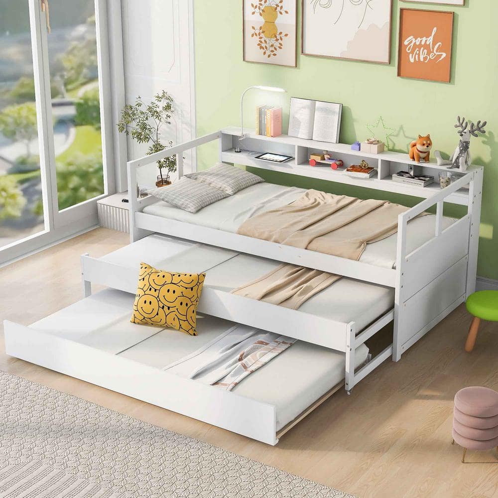 Polibi White Twin XL Wood Daybed with 2-Trundles, 3-Storage