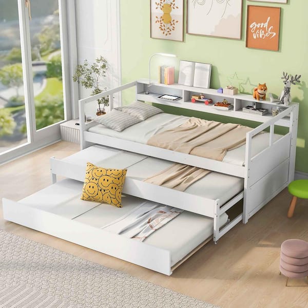 Polibi White Twin Wood Daybed with 2 Trundles, 3 Storage Cubbies, 1 Light for Free and USB Charging Design