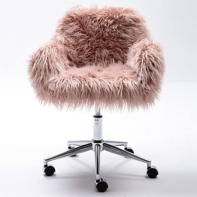 Pink Faux Fur Swivel Office Chair with Non-Adjustable Arms