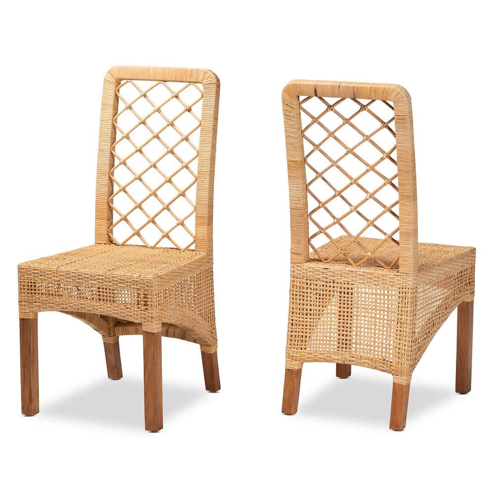 Natural Brown Mahogany Wood and Cane Dining Chair Set