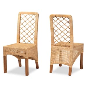 Natural Rattan and Walnut Brown Dining Chair (Set of 2)