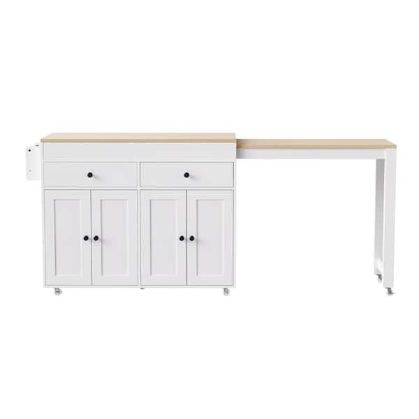 FUNKOL White Particleboard Wood 19.8" W Rolling Kitchen Island with Extendable Dining Table with 2 Drawers and 7 wheels