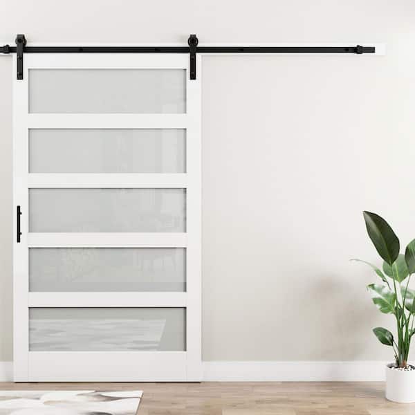 48 in. x 84 in. 5 Lite Tempered Frosted Glass White Primed MDF Wodd Sliding Barn Door with Hardware Kit and Soft Close