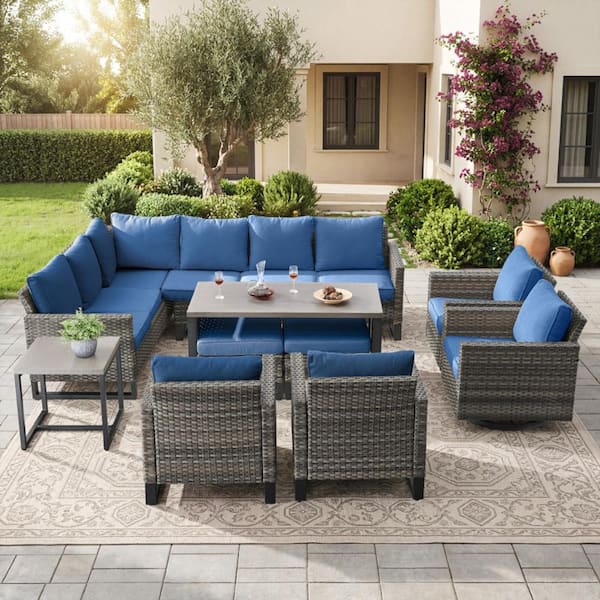 UvaNest Gray Wicker 9-Piece Outdoor Set Furniture Patio Sectional Furniture Sets Conversation Sets with Blue Cushion