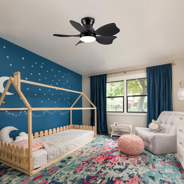 YUHAO 30 in. Indoor Low Profile Integrated LED Light Kids Black Ceiling Fan with Reversible Motor and Remote for Bedroom