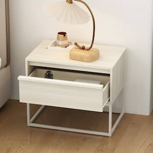 23.6 in. W Beige Wood Rectangle Side Table with Drawer, Metal Legs