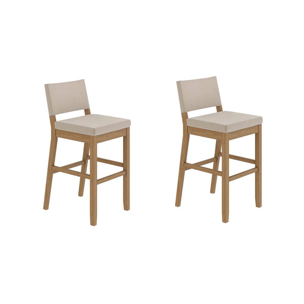 Natural Flax and Light Brown Upholstered Bar Stools, Set of 2